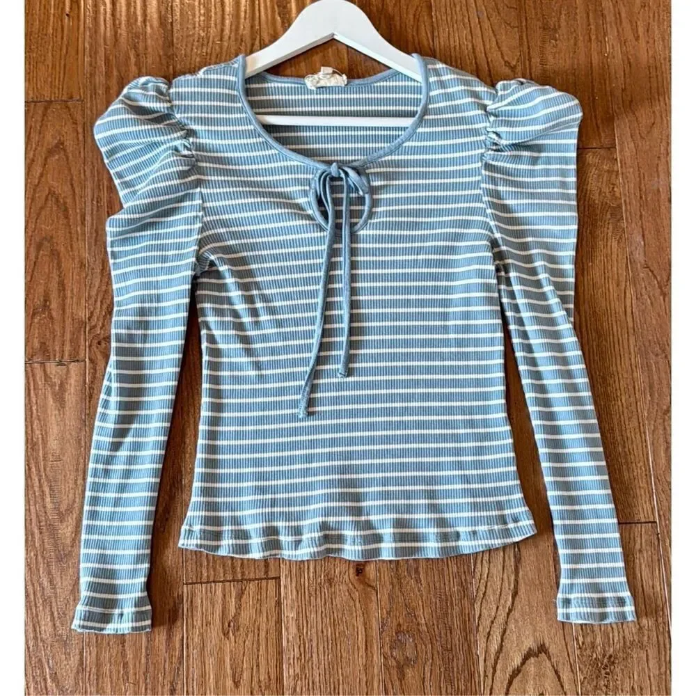 Anthropologie Porridge striped puff sleeve tie neck blouse xl
